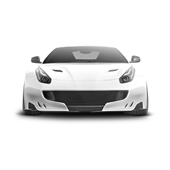 Frontansicht eines weißen Sportwagens mit markanten Scheinwerfern und Kühlergrill.